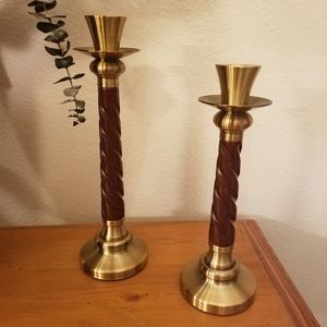 Brass and wood candlestick holders, set